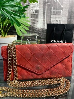 Authentic CHANEL Red Quilted CC Leather Envelope Flap Wallet